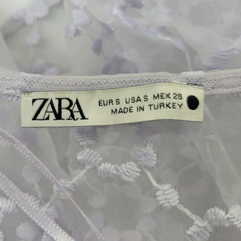 Zara Lavender Floral Lace Sheer V-Neck Peplum Blouse Balloon Sleeve Small